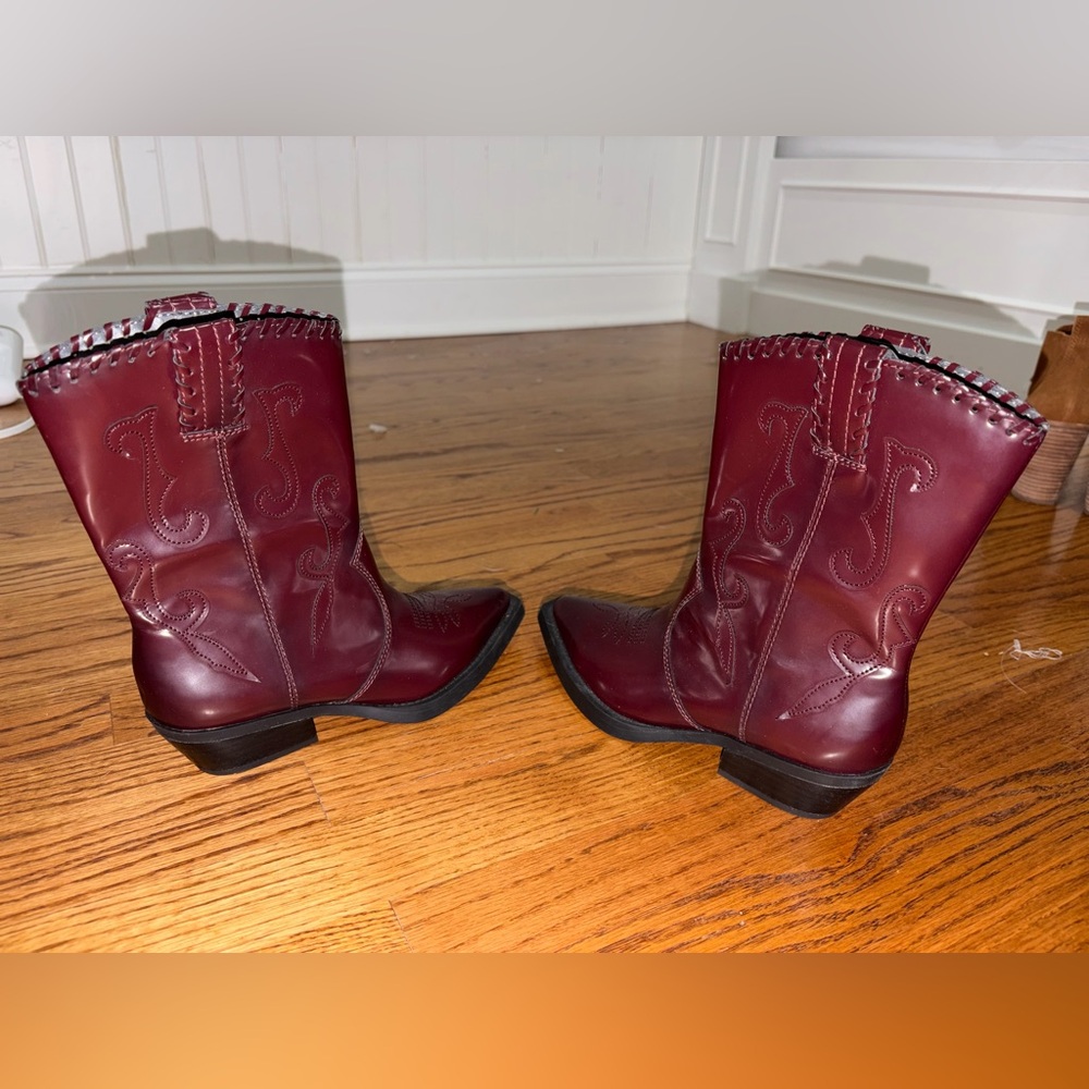 Franco Sarto Lance 2 Western Mid Calf Cowboy Boots Bordeaux Gloss (5) - Picture 3 of 7